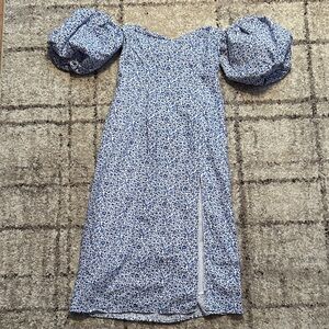 H&M Blue Floral Off Shoulder Puff Sleeve Midi Dress